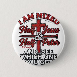Badge Rond 5 Cm Jésus et Pierre mélangés Humour chrétien rétro