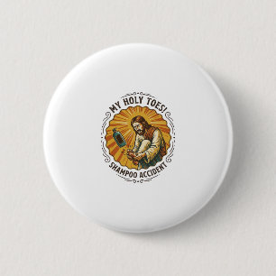 Badge Rond 5 Cm Jésus laissant tomber une bouteille de shampoing s