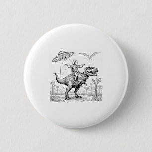 Badge Rond 5 Cm Jésus montant un dinosaure T-rex Ufo chassant un a