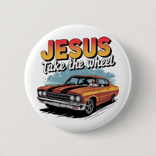 Badge Rond 5 Cm Jesus Prend le Volant Voiture Musclée Vintage