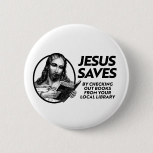 Badge Rond 5 Cm Jésus sauve en lisant les livres de bibliothèque