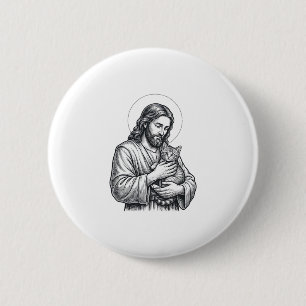 Badge Rond 5 Cm Jésus vintage tenant un chat gravure graphique_1