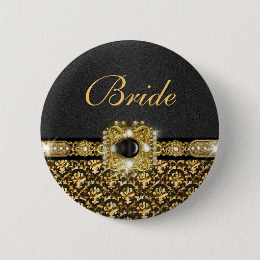 Badge Rond 5 Cm Jeune mariée noire de mariage damassé d'or (Devant)