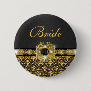 Badge Rond 5 Cm Jeune mariée noire de mariage damassé d'or