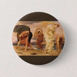 Badge Rond 5 Cm Jeunes Filles Grecques Ramassant des Cailloux de L