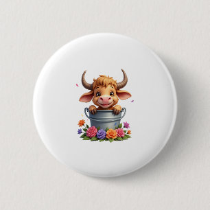 Badge Rond 5 Cm Joli bébé vache des Highlands avec fleurs Veau Ani