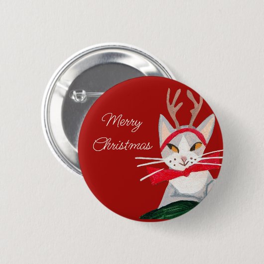 Badge Rond 5 Cm Joli chat rétro rouge Noël (Devant & derrière)