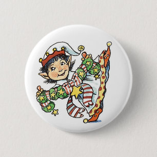 Badge Rond 5 Cm Joli Elf Dancing, Caricature rétro de Noël