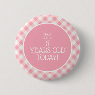 Badge Rond 5 Cm Joli Gingham Rose et Blanc pour les 5 Ans d'une Pe