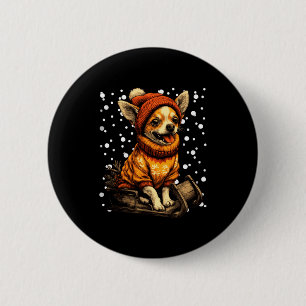 Badge Rond 5 Cm Joli Noël Chihuahua en traîneau dans la neige Funn
