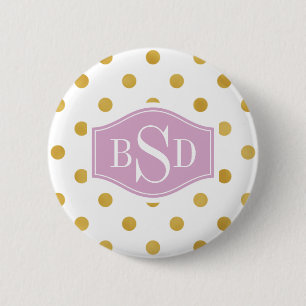 Badge Rond 5 Cm Joli or et monogramme blanc de motifs de pois