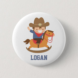 Badge Rond 5 Cm Joli petit cow-boy heureux sur cheval à bascule