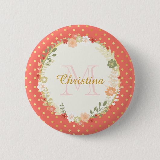 Badge Rond 5 Cm Joli Poeach Polka Dot Nom floral et Monogramme (Devant)