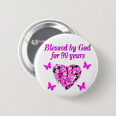 BADGE ROND 5 CM JOLIE 90E ANNIVERSAIRE FLORAL (Devant & derrière)