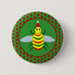 Badge Rond 5 Cm Jolie abeille de Noël et fleurs de Poinsettia