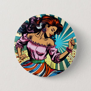 Badge Rond 5 Cm Jolie Femme Dansant Salsa Pop Art