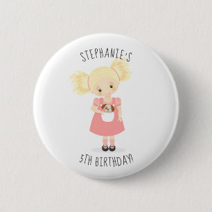 Badge Rond 5 Cm Jolie fille blonde d'anniversaire et chiot