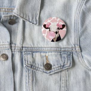 Badge Rond 5 Cm Jolie fille Bubblegum rose soufflant vache