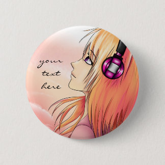 Badge Rond 5 Cm Jolie fille d'anime écoutant le bouton de musique