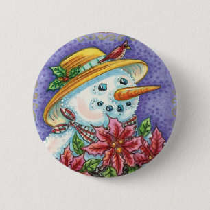 Badge Rond 5 Cm Jolie fille de Noël Snowman avec Poinsettia