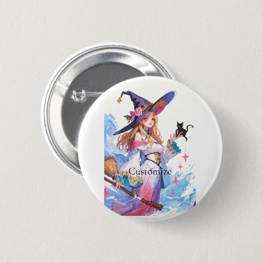 Badge Rond 5 Cm Jolie Sorcière tenant Chat noir Thunder_Cove (Devant & derrière)