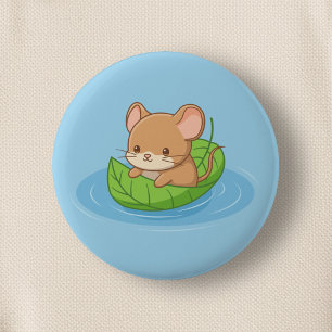 Badge Rond 5 Cm Jolie souris dans un bateau en feuille bleue