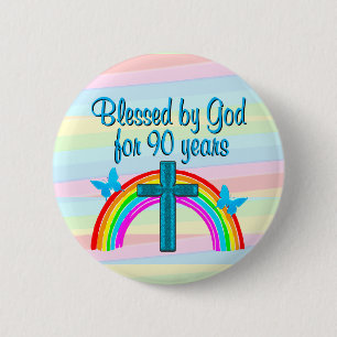 BADGE ROND 5 CM JOLIMENT BÉNÉFICIÉ PAR DIEU 90E ANNIVERSAIRE BO