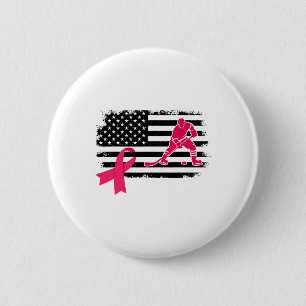 Badge Rond 5 Cm Joueur de hockey Ruban rose Drapeau américain Canc