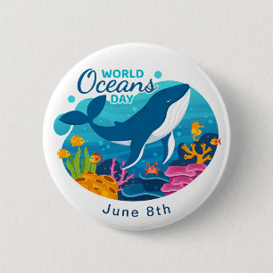 Badge Rond 5 Cm Journée mondiale des océans Baleine bleue Poisson 