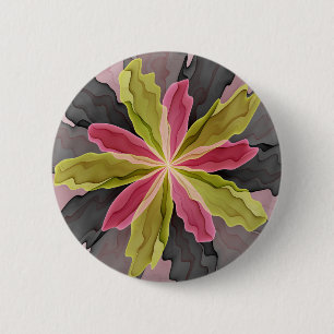 Badge Rond 5 Cm Joy, Vert rose Anthracite Imaginaire Fleur Fractal