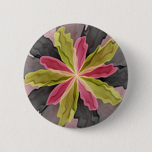 Badge Rond 5 Cm Joy, Vert rose Anthracite Imaginaire Fleur Fractal (Devant)