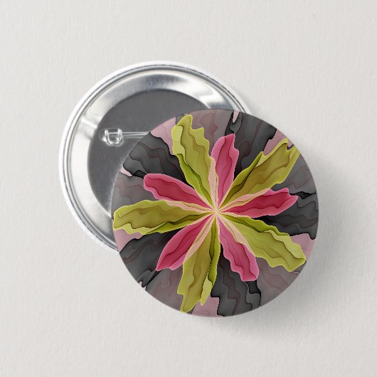 Badge Rond 5 Cm Joy, Vert rose Anthracite Imaginaire Fleur Fractal (Devant & derrière)