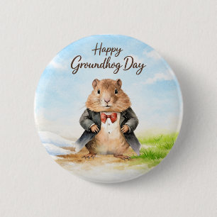 Badge Rond 5 Cm Joyeuse Fête de la Marmotte Aquarelle