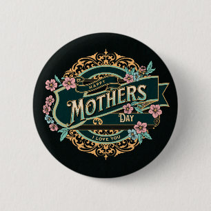 Badge Rond 5 Cm Joyeuse fête des mères Fleurs florales noires et d