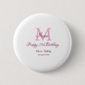 Badge Rond 5 Cm Joyeux 21e Anniversaire rose ajouter nom monogramm (Devant)