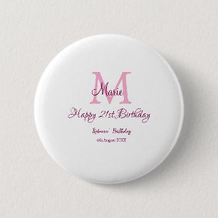 Badge Rond 5 Cm Joyeux 21e Anniversaire rose ajouter nom monogramm