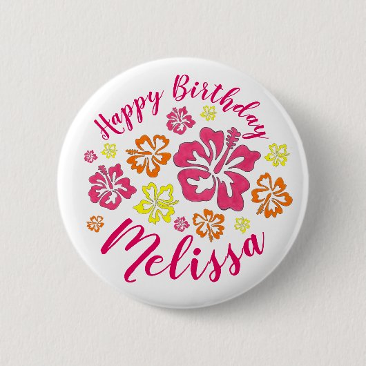Badge Rond 5 Cm Joyeux anniversaire Fleurs d'Hibiscus hawaïens tro (Devant)
