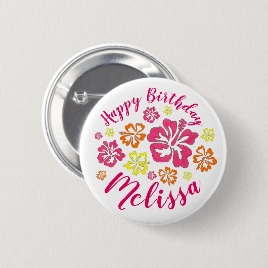 Badge Rond 5 Cm Joyeux anniversaire Fleurs d'Hibiscus hawaïens tro (Devant & derrière)