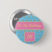 Badge Rond 5 Cm Joyeux Anniversaire Floral or/ rose/ bleu design (Devant & derrière)