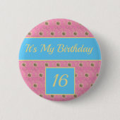 Badge Rond 5 Cm Joyeux Anniversaire Floral or/ rose/ bleu design (Devant)