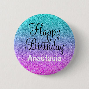 Badge Rond 5 Cm Joyeux Anniversaire Glamour Ombré Rose Bleu Violet