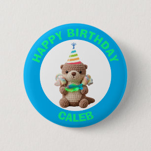 Badge Rond 5 Cm Joyeux Anniversaire Ours en peluche bleu et vert
