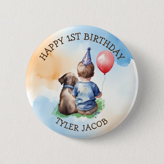Badge Rond 5 Cm Joyeux anniversaire personnalisé | Bébé et chiot (Devant)
