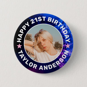Badge Rond 5 Cm Joyeux Anniversaire Photo Personnalisée Fumée Bleu