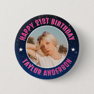 Badge Rond 5 Cm Joyeux Anniversaire Photo Personnalisée Galaxie Co