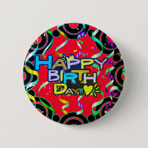 Badge Rond 5 Cm Joyeux Anniversaire Rouge avec Confetti