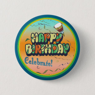 Badge Rond 5 Cm Joyeux Anniversaire Vert Bleu Jaune Orange