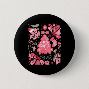 Badge Rond 5 Cm Joyeux Arbre De Noël Rose Et Joyeux Fêtes De Noël