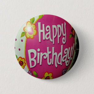 Badge Rond 5 Cm Joyeux Balloon d'Anniversaire avec Fleurs, Concept