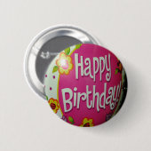 Badge Rond 5 Cm Joyeux Balloon d'Anniversaire avec Fleurs, Concept (Devant & derrière)
